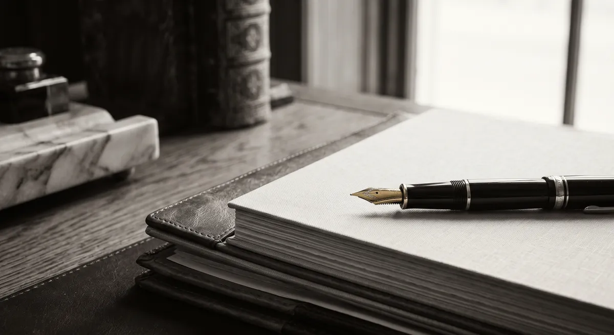A fountain pen resting on a notebook on a wooden desk by a window.